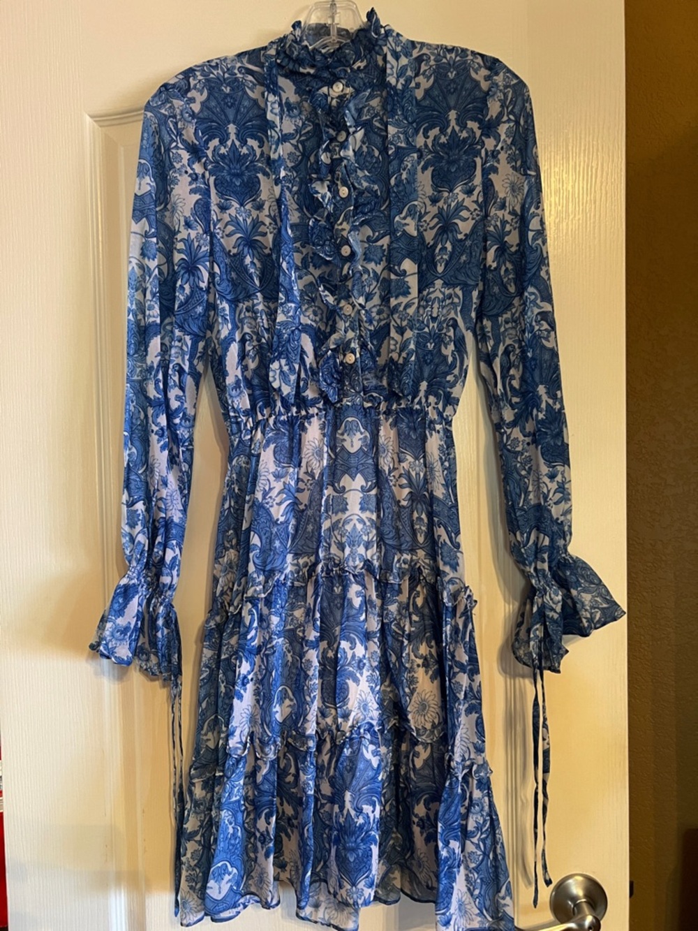 Blackmilk Blue Printed Ruffle-Tiered Long Sleeve Dress